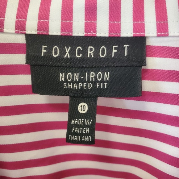 Foxcroft Button Down Shirt Women 10 Pink Striped Non-Iron Shaped Fit Long Sleeve - Picture 3 of 4